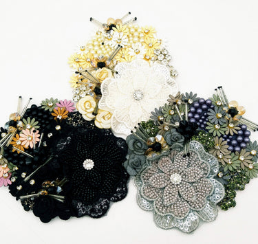 White Hand Embroidered Floral Applique With Beads, Rhinestones,Bugle Beads
